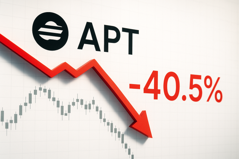 Black APT logo and bold “APT” text above a jagged red arrow plunging downward over a faint candlestick chart background, with a large red “-40.5%” displayed prominently.