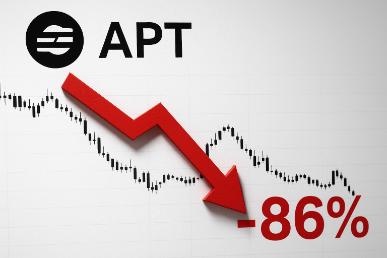 APT token logo above a falling candlestick chart, overlaid by a large red downward arrow pointing to “-86%”