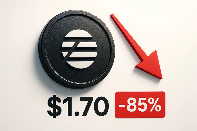 Black APT cryptocurrency token featuring the Aptos logo beside a red downward arrow and bold text “$1.70” and “-85%,” illustrating a steep annual price decline.