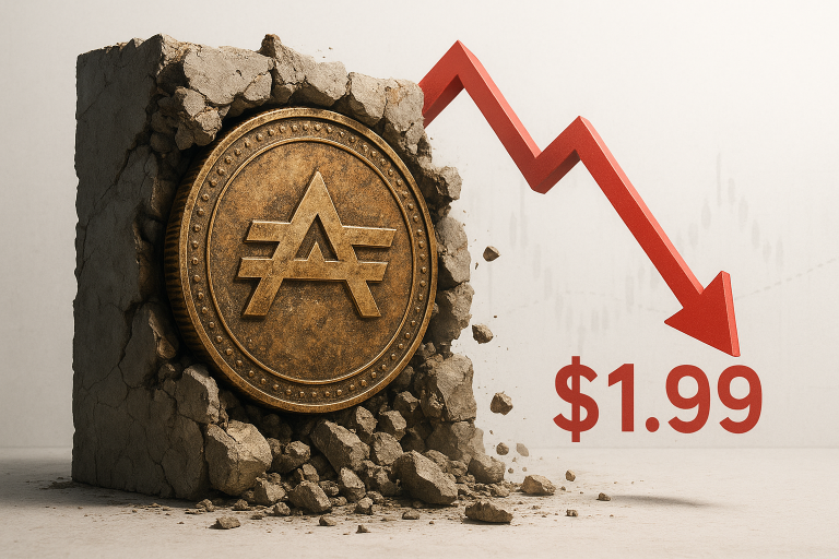 Gold Aptos coin breaking out of a crumbling concrete block with falling rubble, alongside a jagged red arrow pointing down to $1.99, symbolizing plunging price and collapsing support architecture.