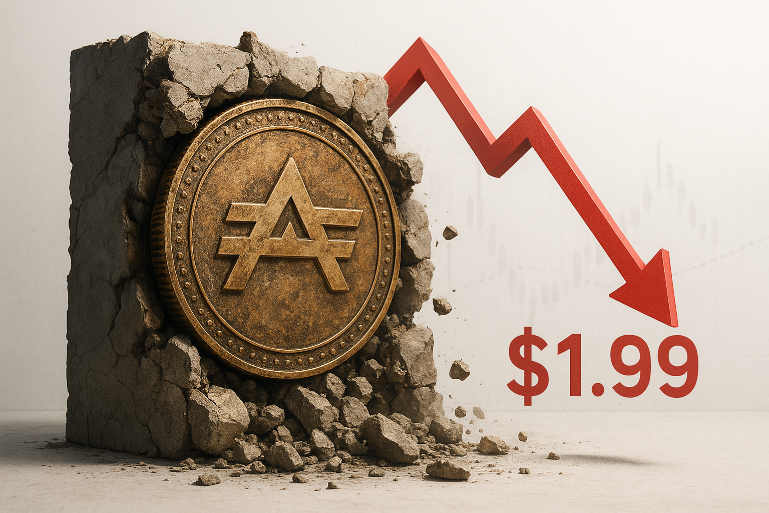 Gold Aptos coin breaking out of a crumbling concrete block with falling rubble, alongside a jagged red arrow pointing down to $1.99, symbolizing plunging price and collapsing support architecture.