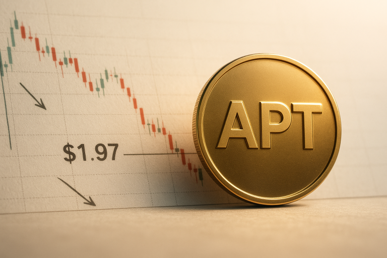 Gold APT coin positioned before a descending candlestick chart approaching a $1.97 support level marked by arrows