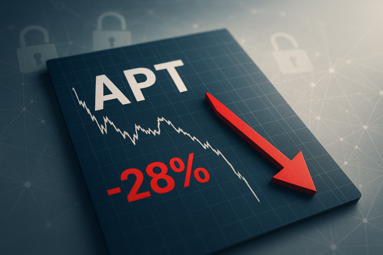 Graphical representation of Aptos token’s value plummeting 28%, featuring a jagged downward price chart, a bold red “-28%” label and a large red arrow pointing down against a dark background with faint lock icons.