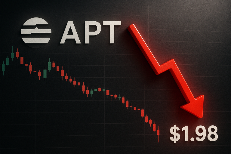 Aptos logo beside a dark candlestick chart plunging into red, highlighted by a large red downward arrow and the price $1.98.