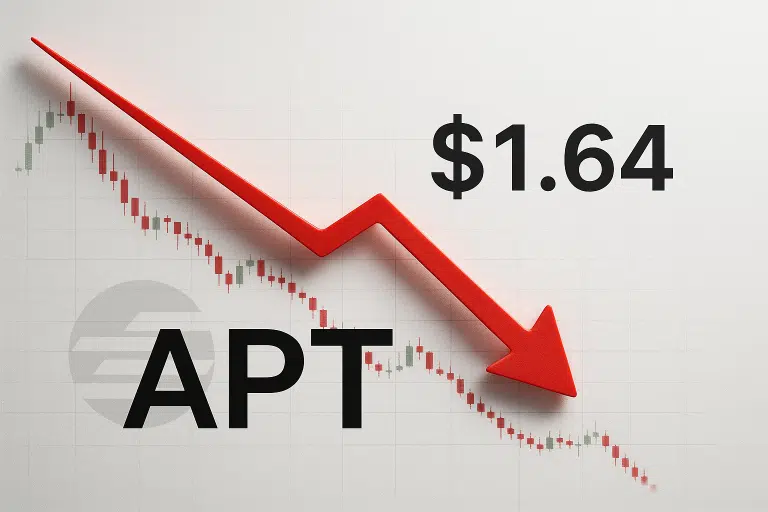 Graphic of Aptos (APT) price chart with red candlesticks sliding below key support to $1.64, emphasized by a bold red downward arrow.
