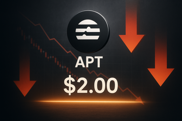 Aptos (APT) token logo above the price $2.00 on a dark background, with red downward arrows and a descending candlestick chart indicating bearish pressure.