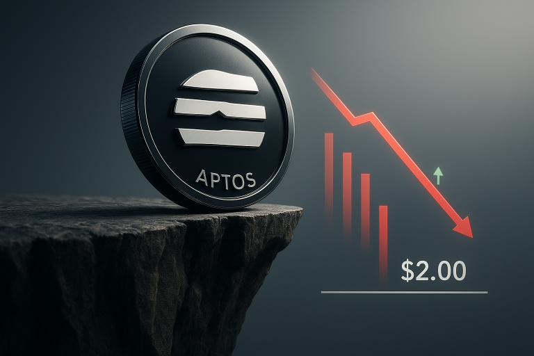 Metallic Aptos coin balanced precariously on a rocky cliff edge beside a red descending bar chart plummeting to a $2.00 support level with a small green arrow hinting at potential reversal