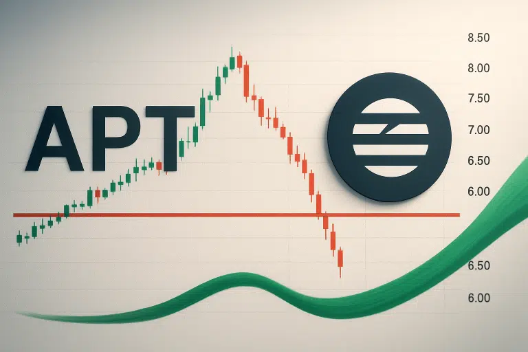 Stylized chart of Aptos (APT) price showing green and red candlesticks climbing above 8.00 then sharply dropping below a red horizontal support line near 6.00, accompanied by the Aptos logo and a flowing green wave element.