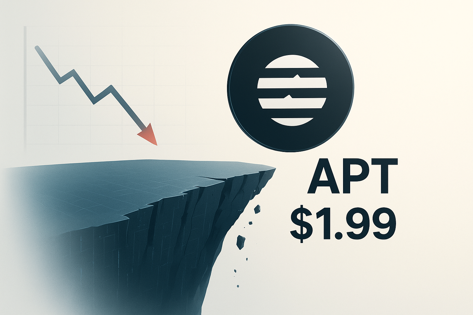 Graphic of the Aptos logo and price $1.99 next to a downward-trending arrow plunging toward the edge of a crumbling cliff, illustrating critical support testing amid token unlock fears.