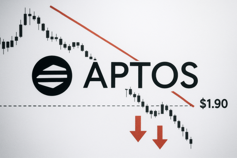 Aptos logo next to “APTOS” text above a descending candlestick chart approaching the $1.90 support line, highlighted by red trend lines and two red downward arrows signaling capitulation.