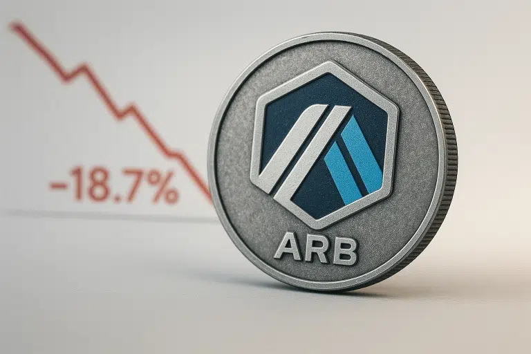 Close-up of an Arbitrum (ARB) token coin set against a blurred red downward-trending line graph marked “–18.7%”