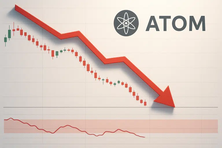 Chart of ATOM token price showing a steep downward red arrow over a falling candlestick graph, RSI line pinned in a red oversold zone at the bottom, and the ATOM logo at the top right.