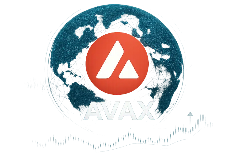 Red circular Avalanche (AVAX) logo featuring white triangular “A” shapes centered over a glowing blue digital globe with interconnected network lines