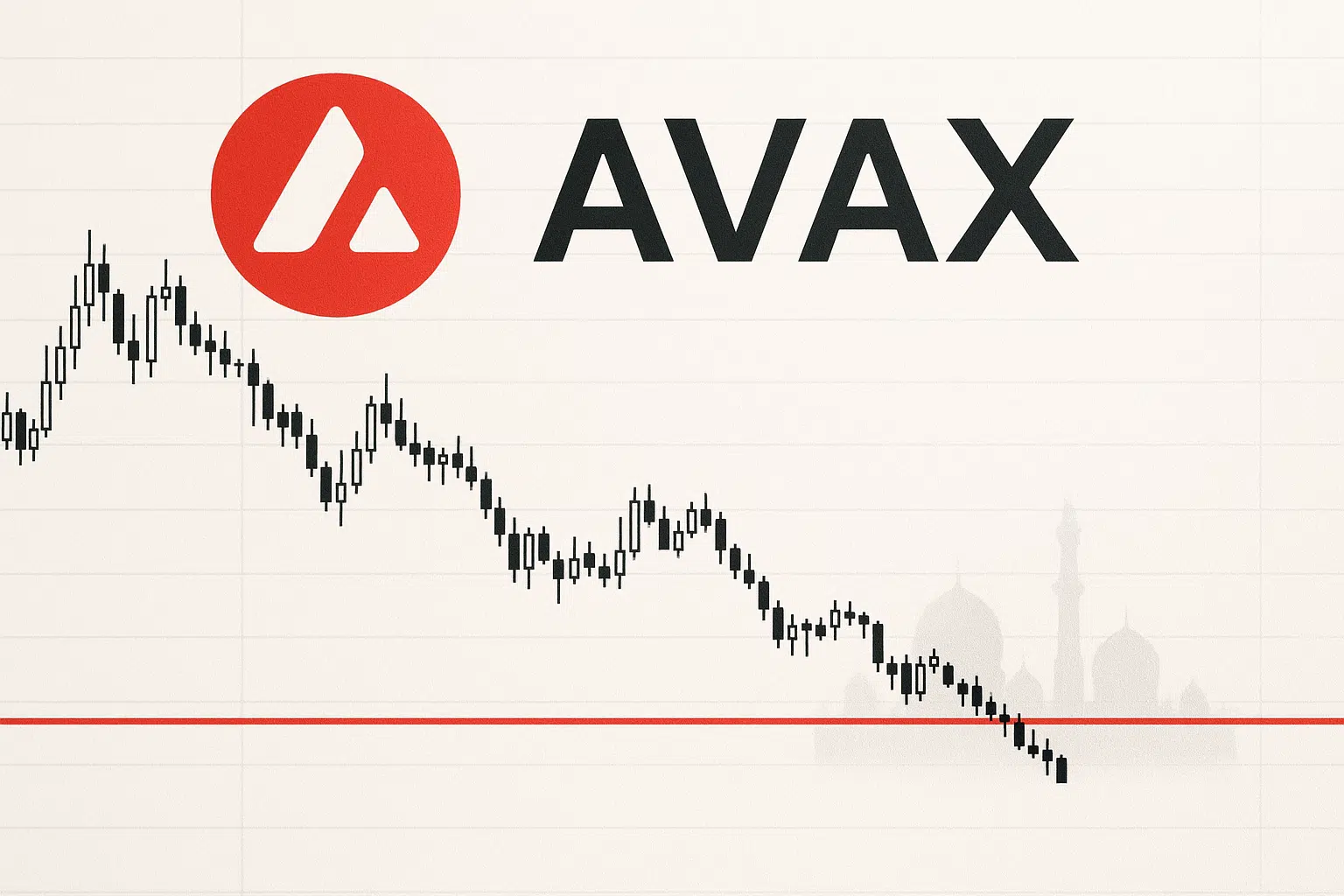 Avalanche logo above a falling candlestick price chart approaching a red horizontal support line, with a faint silhouette of Abu Dhabi’s mosque skyline in the background.