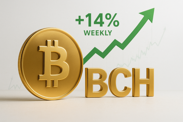Gold Bitcoin Cash coin and “BCH” letters with a green upward arrow and “+14% Weekly” text indicating a price surge.