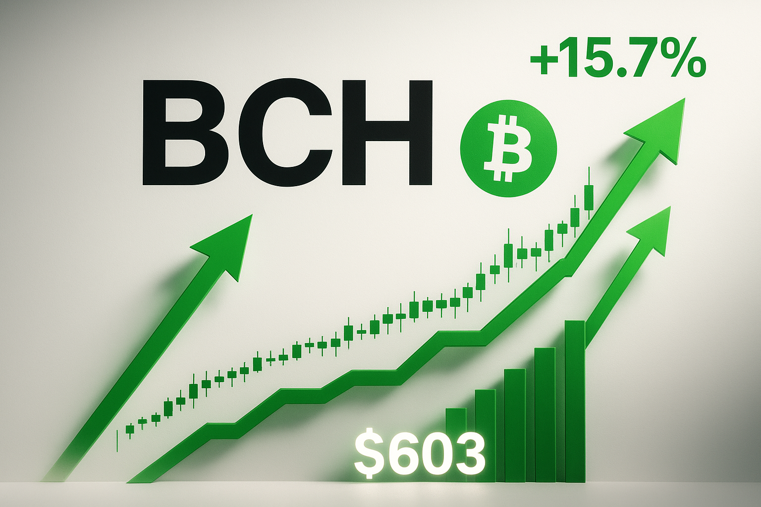 Stylized graphic of Bitcoin Cash (BCH) symbol with green upward arrows, rising candlestick and bar charts, displaying a +15.7% gain and price at $603