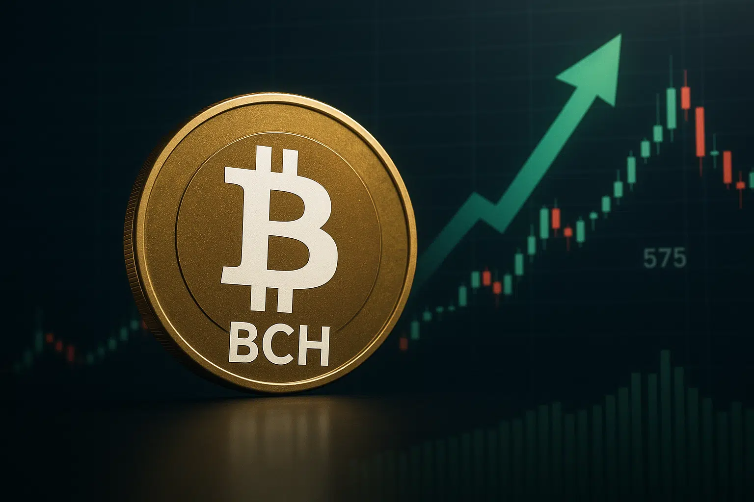 Gold Bitcoin Cash coin in front of a dark trading chart featuring green candlesticks, a bold upward‐pointing arrow and the number 575 indicating a price surge