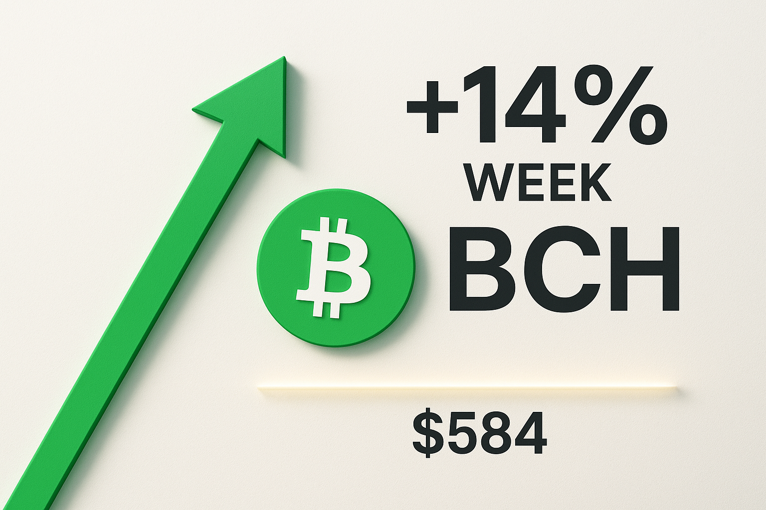 Green upward arrow alongside a green Bitcoin Cash symbol and bold text “+14% week BCH $584,” representing Bitcoin Cash surging 14% weekly with support at $584.