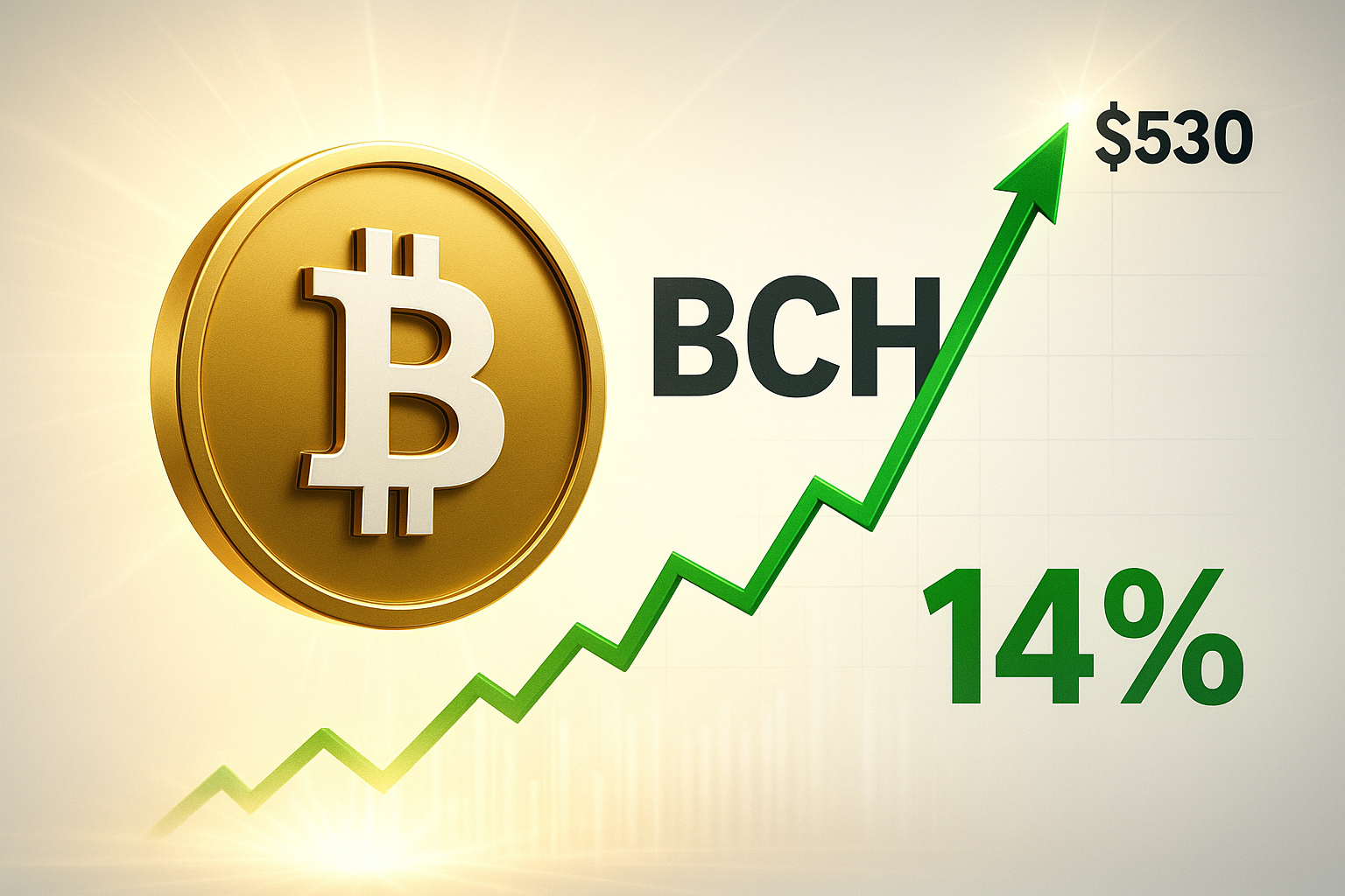 Golden Bitcoin Cash coin beside bold “BCH” text with a green zigzag line chart rising to an arrow at $530 and a prominent “14%” denoting the weekly surge.