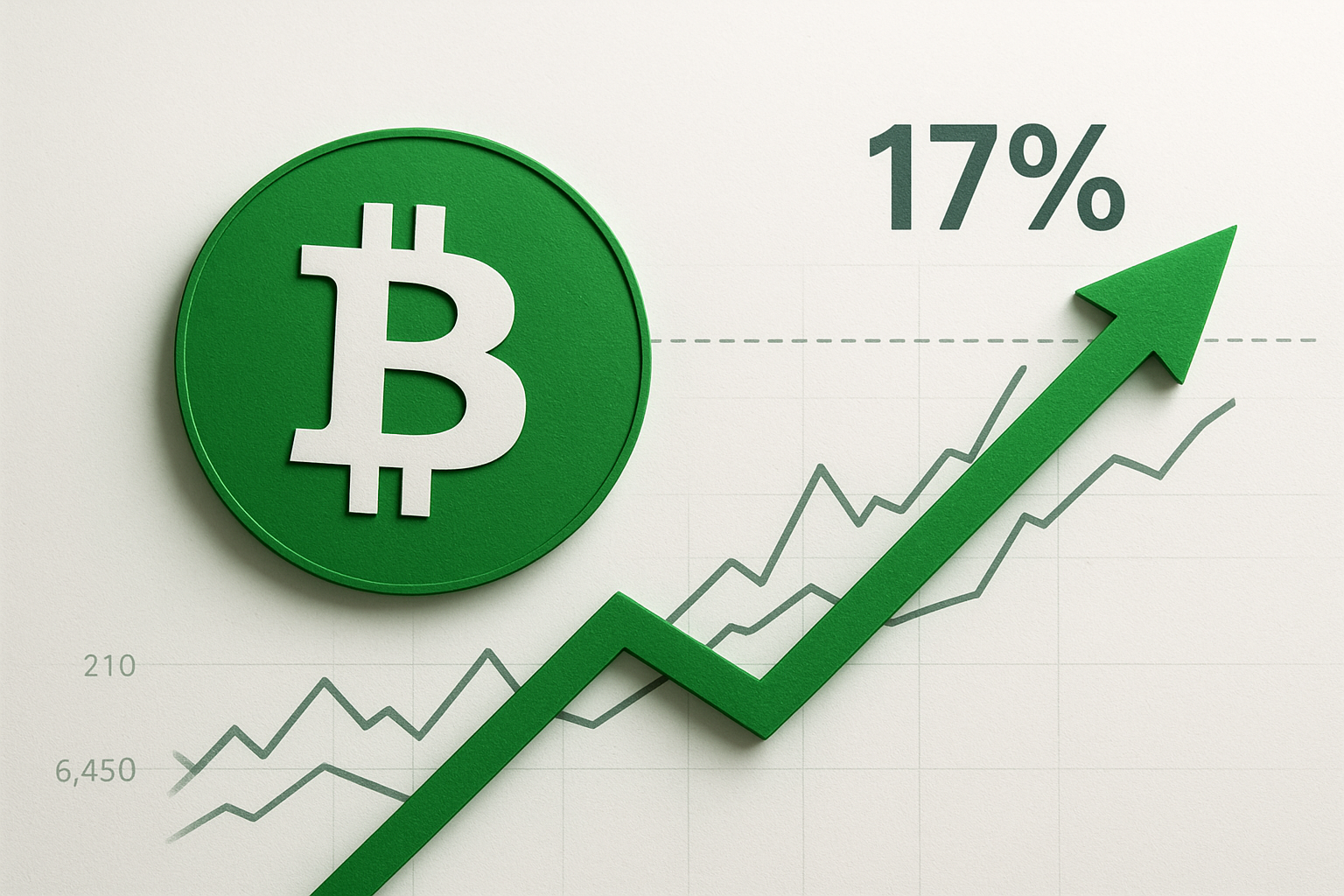 Green Bitcoin Cash logo beside a rising line chart with two ascending green lines and a bold green arrow pointing upward, with “17%” above indicating the price surge.