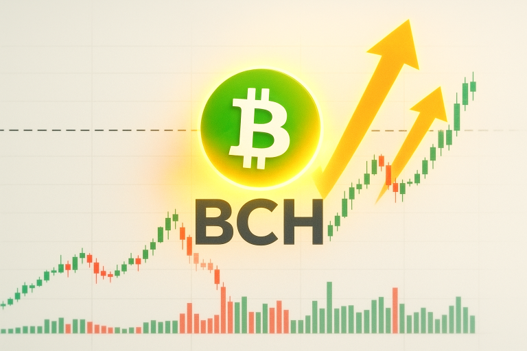 Bitcoin Cash BCH logo over a bullish candlestick chart showing rising green and red bars, explosive volume bars and two large yellow arrows pointing upward past a resistance line.