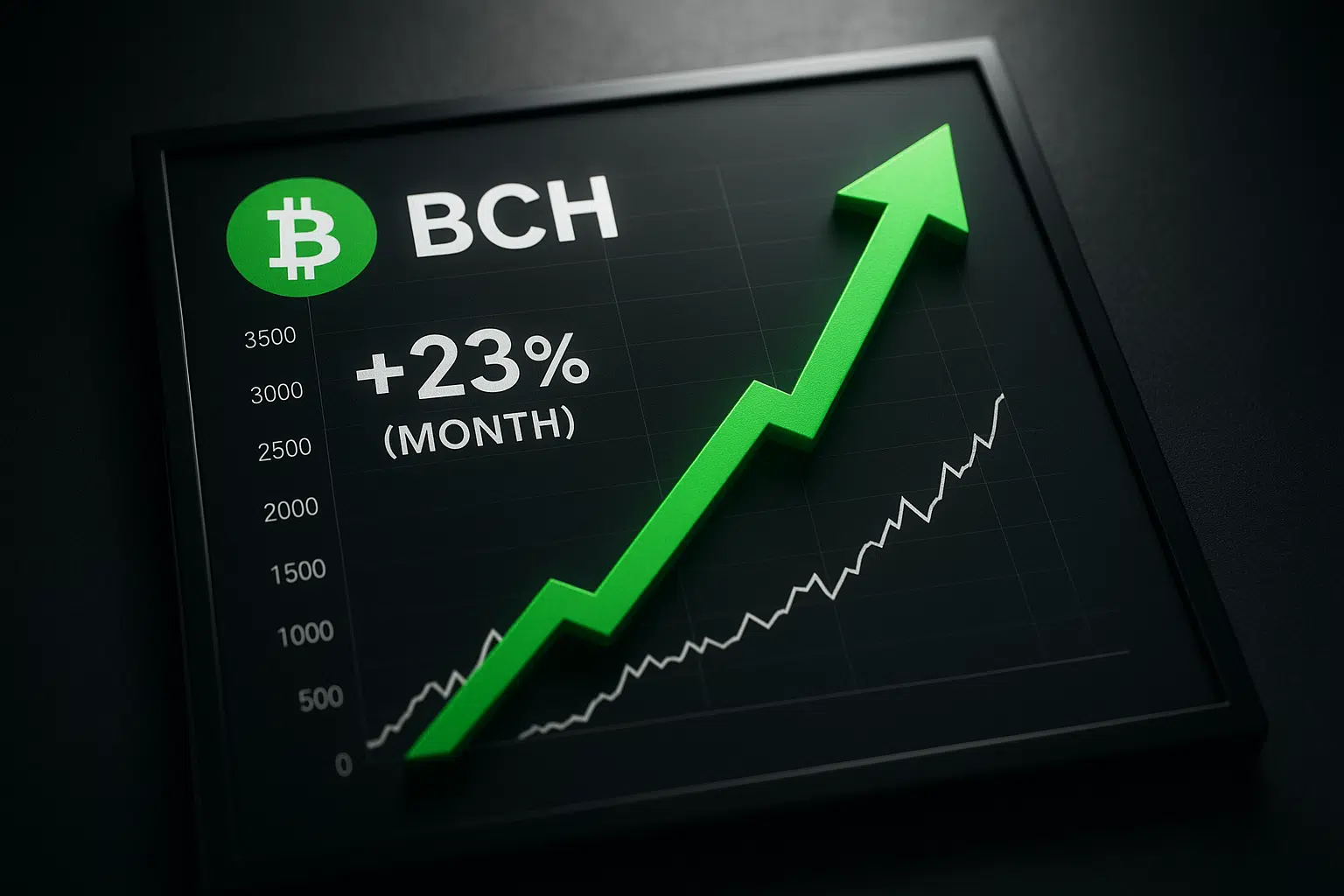 Bitcoin Cash (BCH) price chart on a dark background showing a +23% monthly gain alongside a large green arrow pointing upward.