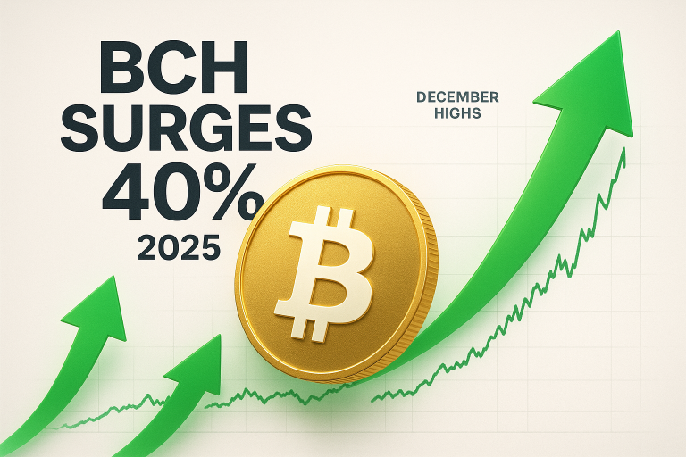 Golden Bitcoin Cash coin over a rising green price chart with three large upward arrows and bold text reading “BCH surges 40% 2025,” with “December highs” marked on the graph.