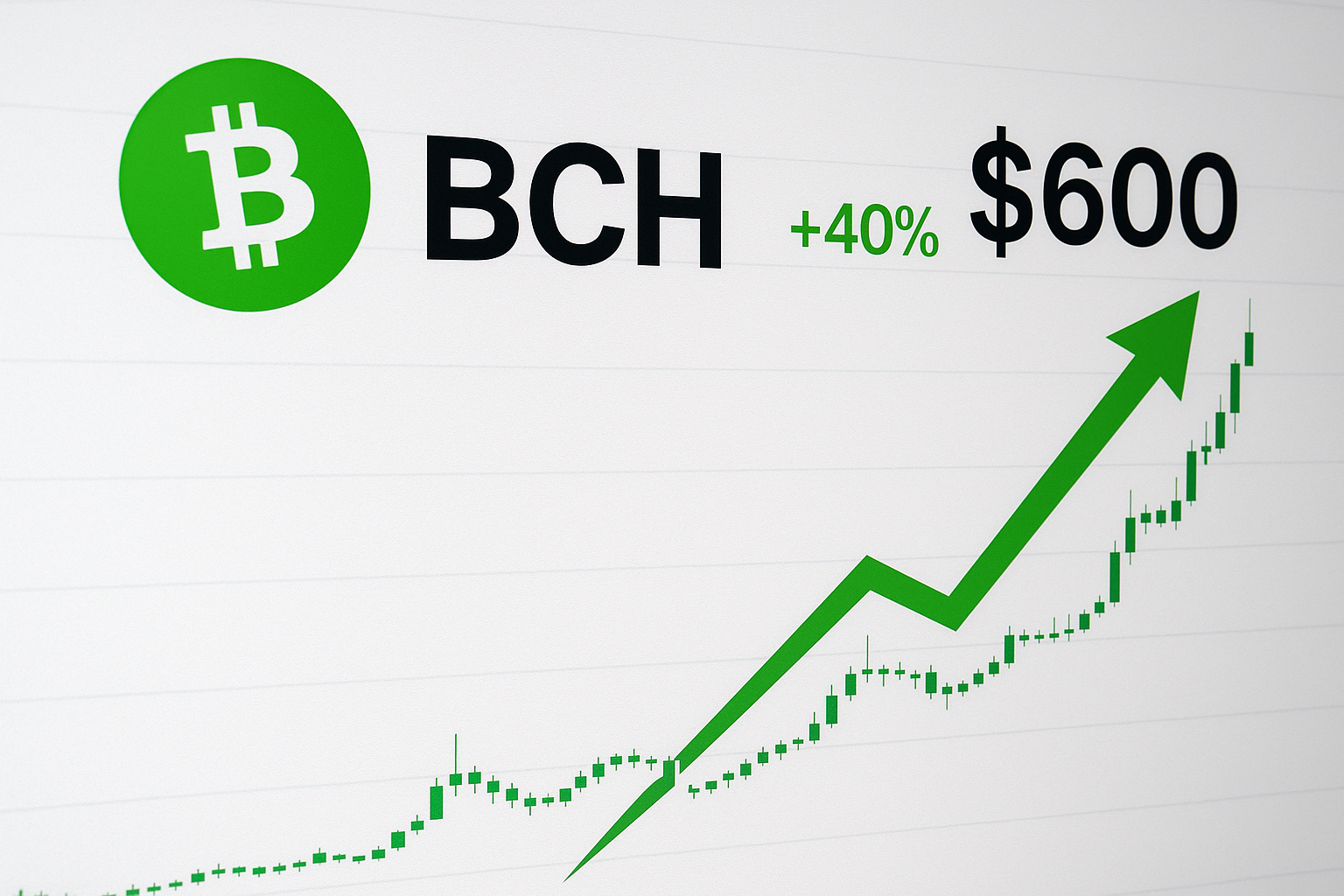 Bitcoin Cash logo with “BCH +40% $600” alongside a rising green arrow and candlestick chart showing sharp upward movement.