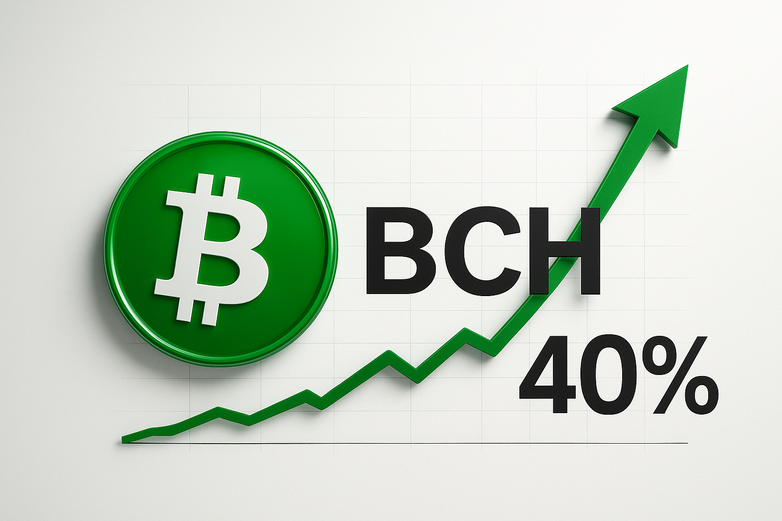 Green Bitcoin Cash logo beside a green upward-trending line graph with an arrow and “40%” indicating a surge.
