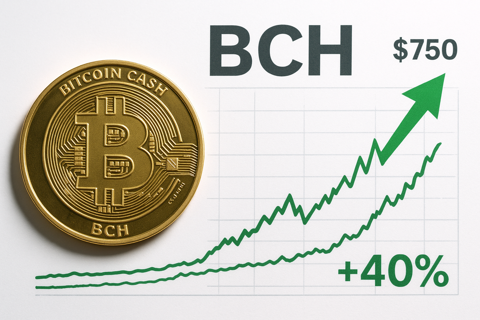 Gold Bitcoin Cash (BCH) coin next to a green upward-trending price chart showing a 40% gain and a $750 resistance level.