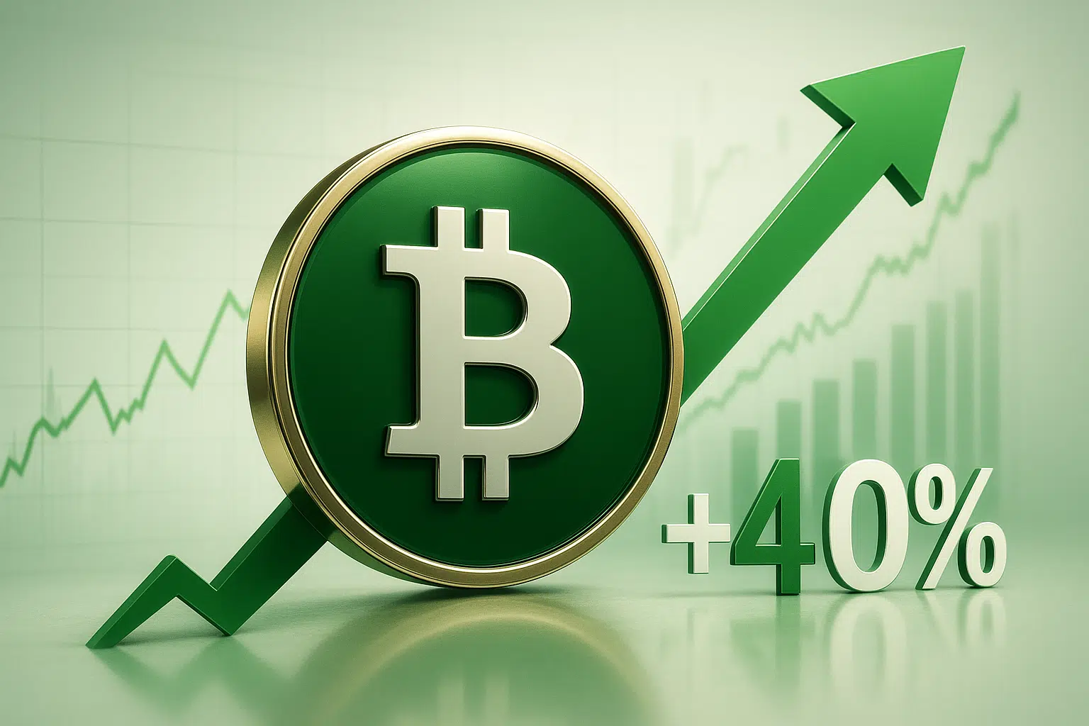 Green Bitcoin Cash coin with a large upward arrow and “+40%” against a background of rising price charts.