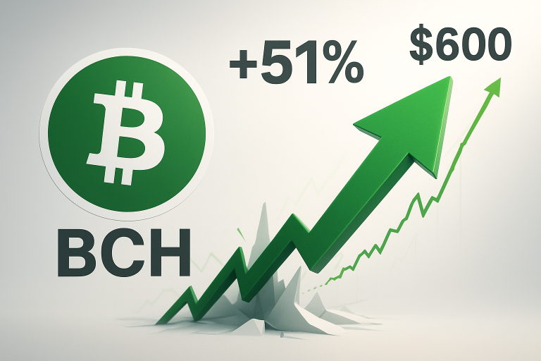 Bitcoin Cash logo (BCH) alongside “+51%” and “$600” text with a green arrow bursting upward through the floor
