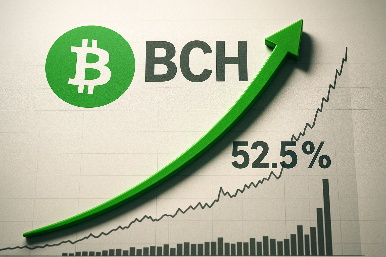 Bitcoin Cash (BCH) logo beside bold “52.5%” text, a large green upward arrow soaring over a rising price and volume chart illustrating a new bullish breakout.