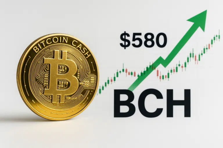 Gold Bitcoin Cash coin beside a price chart with green candlesticks, a rising green arrow, “$580” and “BCH” text illustrating Bitcoin Cash’s surge past $580.