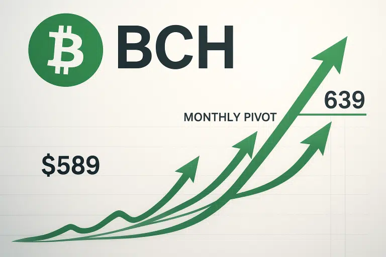 Bitcoin Cash (BCH) logo and title above a chart of multiple green upward-trending arrowed lines rising from $589 toward a labeled monthly pivot level at $639.