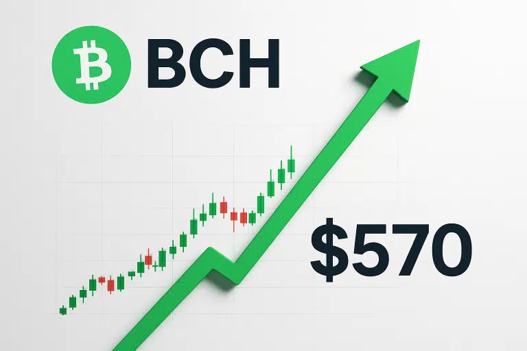 Bitcoin Cash logo and ticker “BCH” above a candlestick price chart showing multiple support tests, overlaid by a bold green arrow pointing upward and “$570” indicating the price surge.
