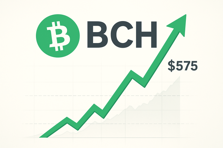 Bitcoin Cash logo with a green upward‐trending zigzag arrow on a price chart reaching $575