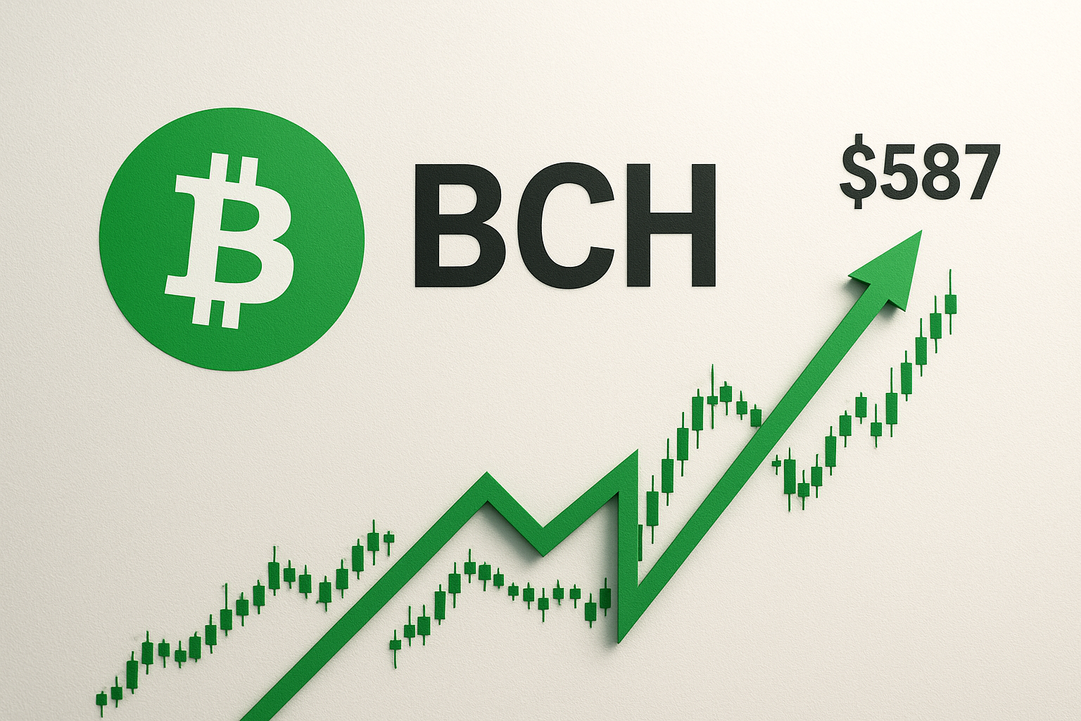 Green Bitcoin Cash logo and ticker “BCH” beside the price “$587,” overlaid on a bullish candlestick chart with a rising green arrow indicating upward momentum