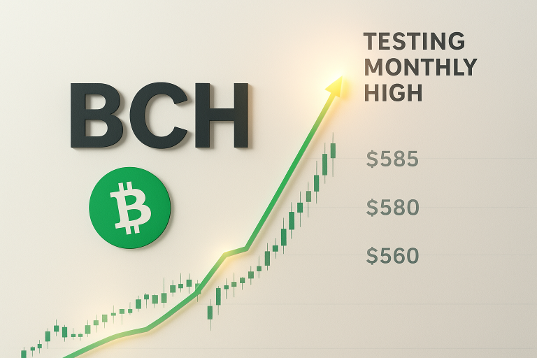 Bitcoin Cash (BCH) logo beside a rising green candlestick chart and upward arrow indicating a test of the $585 monthly high.