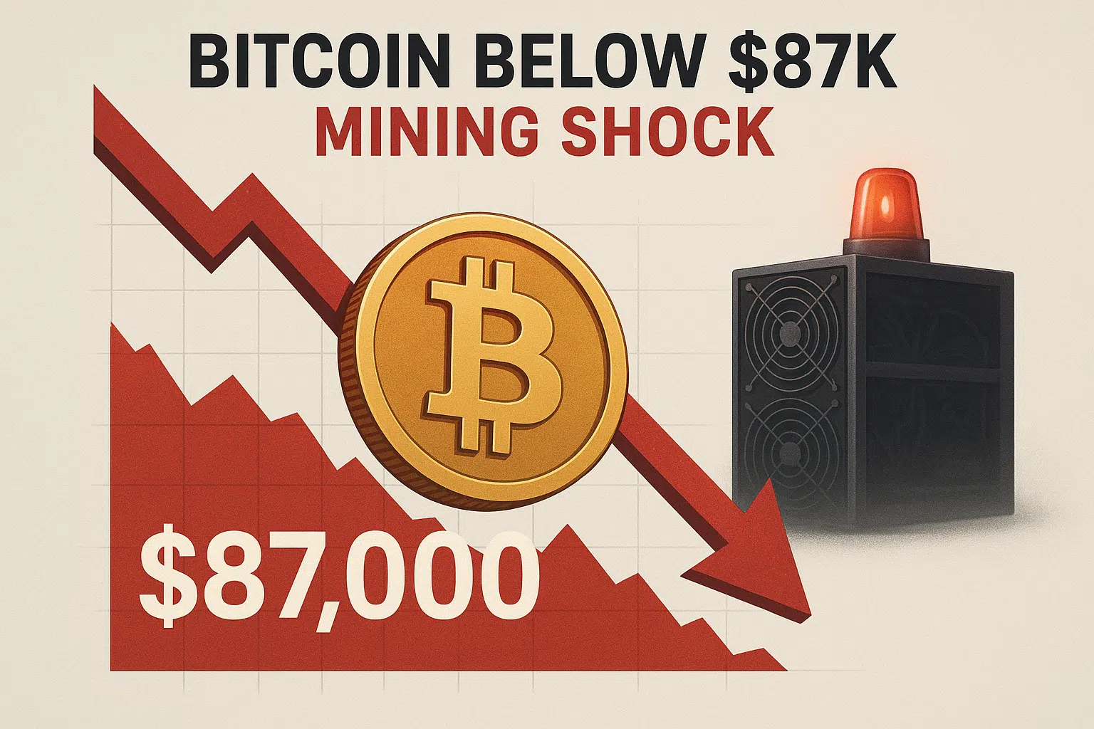 Stylized infographic of a red downward arrow over a plunging price chart marked $87,000, with a large gold Bitcoin coin in front and a mining rig topped by a flashing red warning light, illustrating Bitcoin sliding below $87K amid a mining shock.