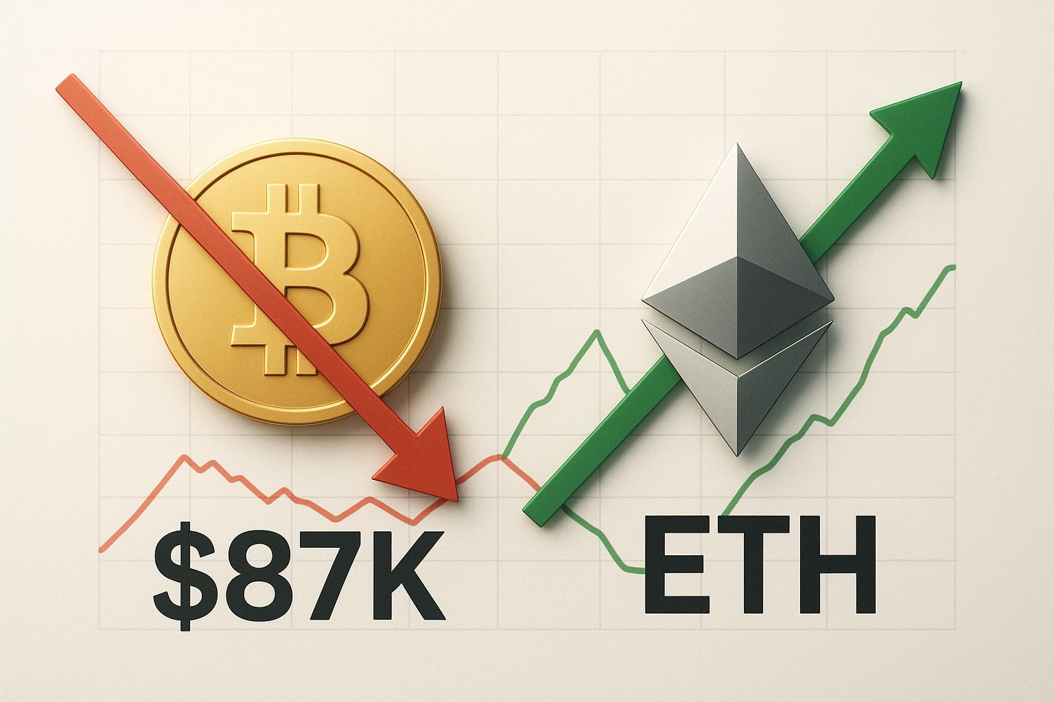 Gold Bitcoin coin with a red downward arrow pointing to $87K beside a rising green arrow and silver Ethereum logo on a grid price chart background.