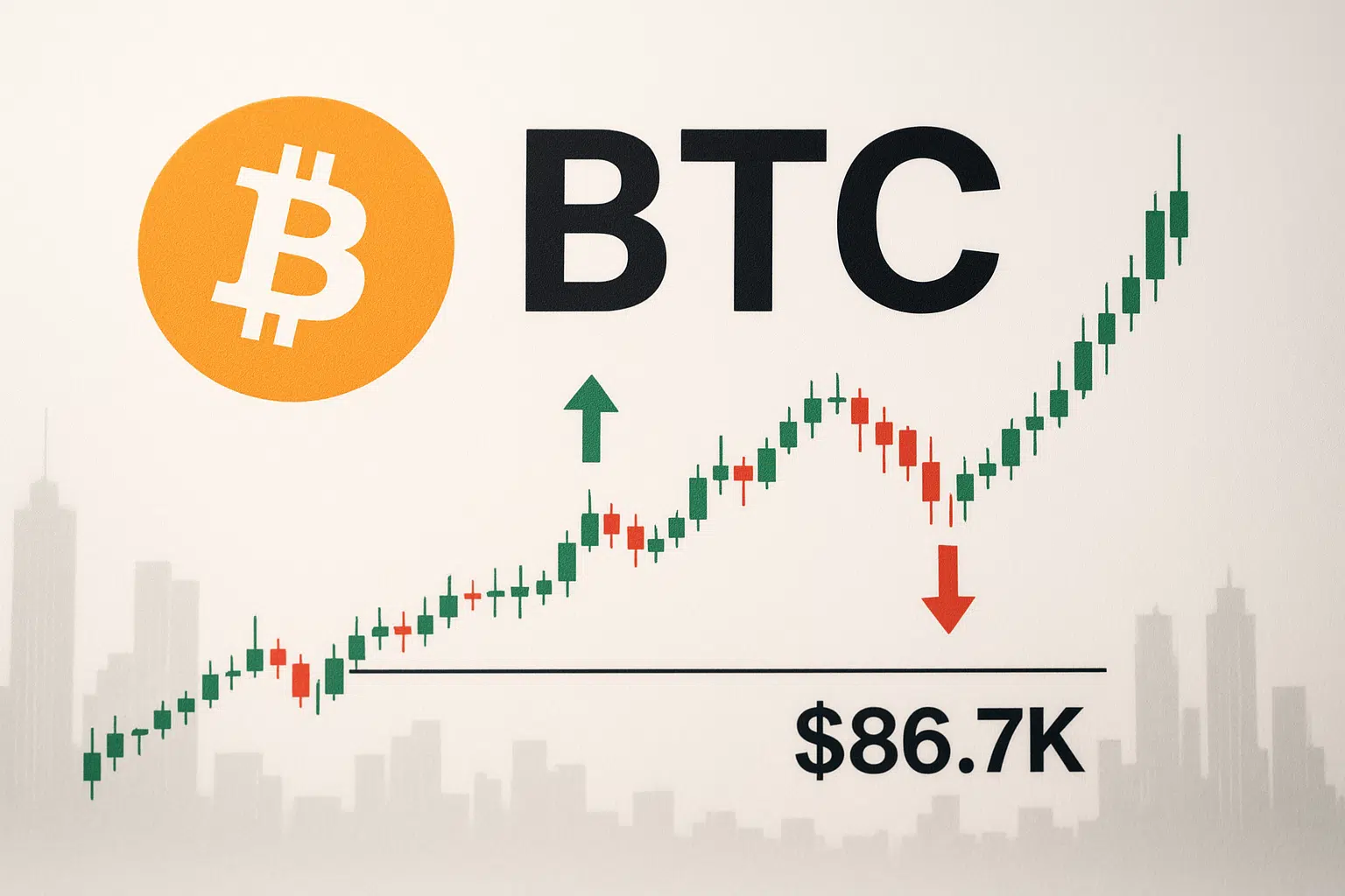 Bitcoin logo and “BTC” text above a candlestick chart testing a horizontal support at $86.7K, with green and red candles, a green upward arrow and a red downward arrow marking price movements, set against a muted city skyline background.