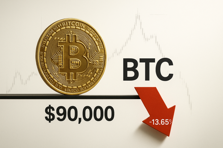 Gold Bitcoin coin resting on a support line labeled $90,000, with bold “BTC” text and a large red downward arrow showing -13.65% against a faint declining price chart background.