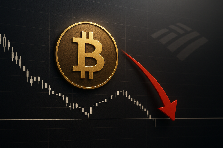Large gold Bitcoin symbol over a dark candlestick chart showing a steep decline with a bold red downward arrow and a faint Bank of America–style logo in the background