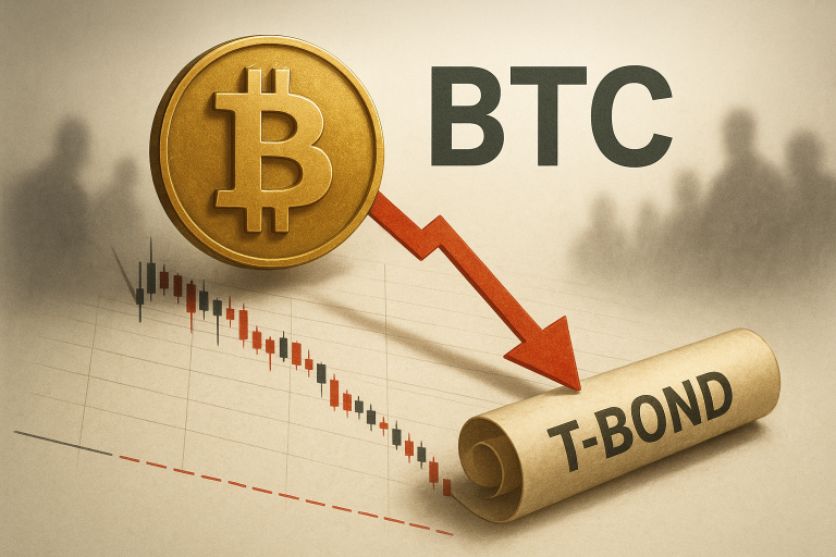 Large gold Bitcoin symbol with a red downward arrow pointing to a rolled-up T-Bond, set over a plunging candlestick chart and shadowy investor silhouettes, illustrating Bitcoin testing support as treasury premium collapse triggers capitulation.
