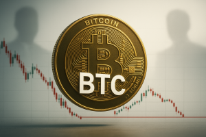 Gold Bitcoin coin marked “BTC” centered in front of a red-tinged candlestick chart plunging to a support line, with two shadowy investor silhouettes in the background.
