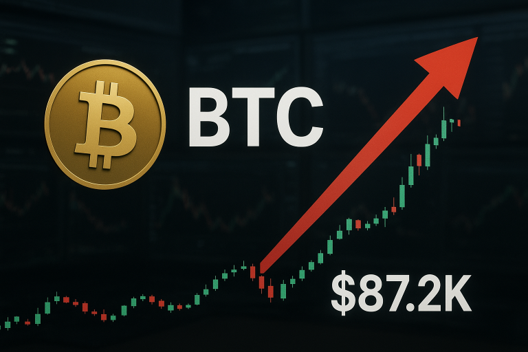 A large gold Bitcoin coin beside the letters “BTC,” overlaying a green and red candlestick price chart trending upward with a bold red arrow pointing higher and the price displayed as $87.2K.
