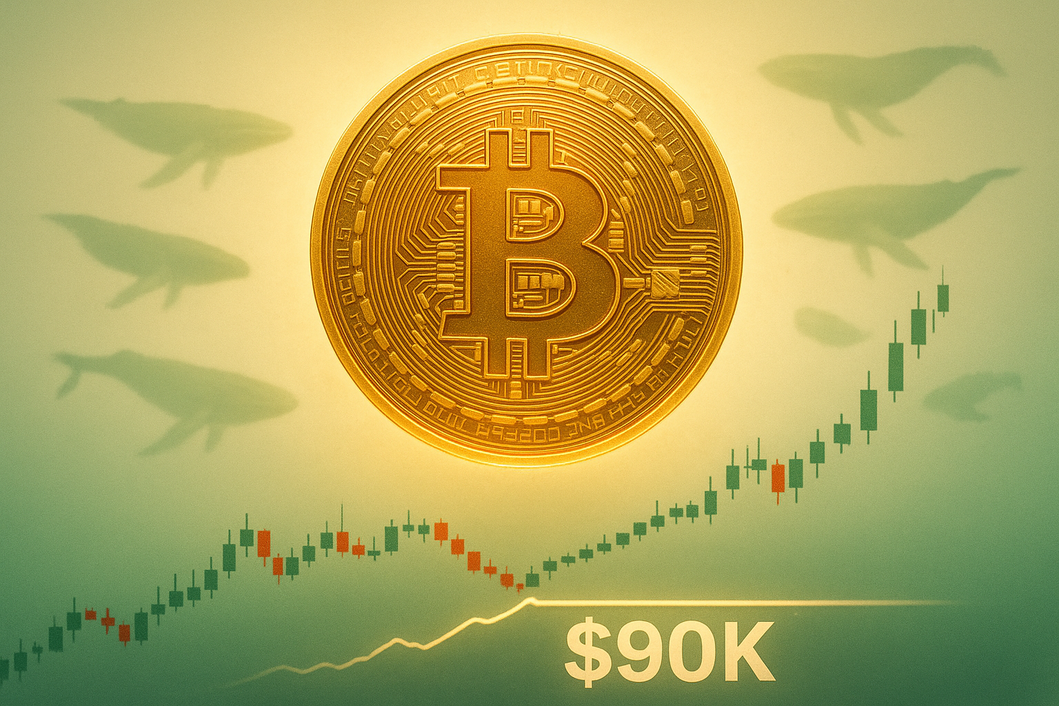 Gold Bitcoin coin superimposed over a green and red candlestick chart approaching the $90 K level, with whale silhouettes swimming in the background.