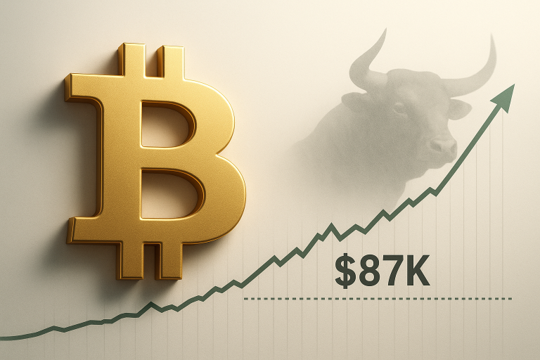 Large gold Bitcoin symbol alongside a rising green line chart marked “$87K” with a translucent bull silhouette in the background, illustrating Bitcoin testing multi-week support as institutional buyers defend the $87K floor.