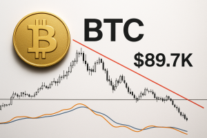 A candlestick chart of Bitcoin price testing support at $89.7K, with a red descending trendline, a horizontal support line, two moving average curves below, and a large gold Bitcoin coin alongside the bold “BTC $89.7K” label.